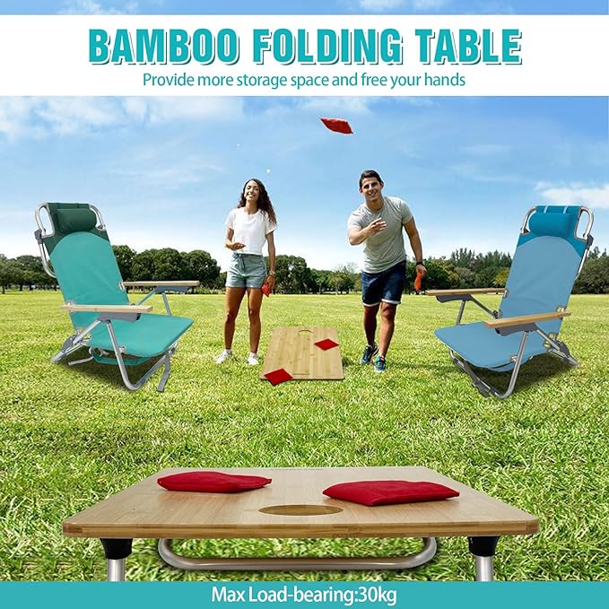 Folding Backpack Beach Chair for Adults &amp Teens Aluminum 5-Position Lay Flat Lounge Chair with Camping Bamboo Table 200LBS Beach Reclining Chair Outdoor with Cooler Bag Cyan