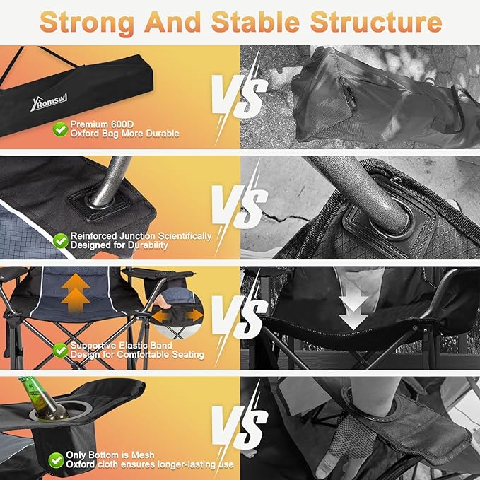 Romswi Oversized Camping ChairsHeavy Duty Support 500 LBSPadded Back &amp Arm Sport Chairs Cup Holder Cooler Bag Collapsible Folding Chairs for Outdoor Fishing &amp Garden Black2-Pack