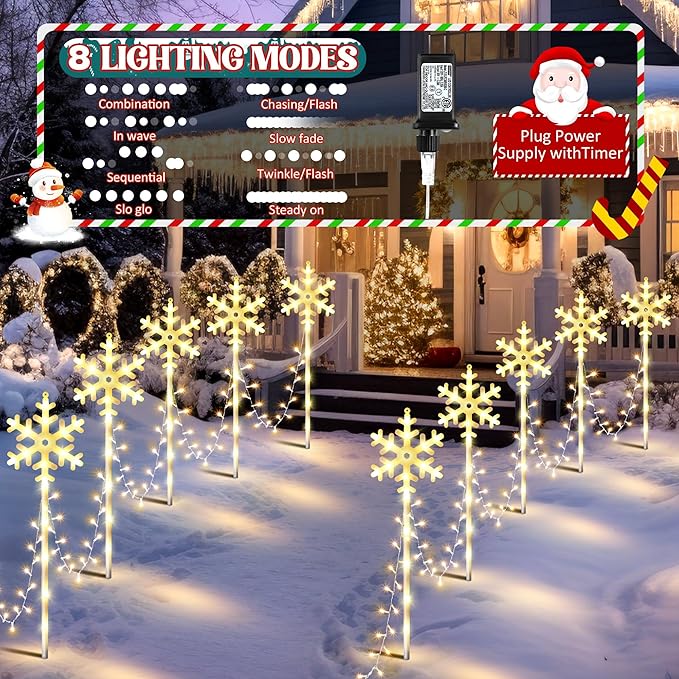 10 Pcs Christmas Snowflake Pathway Stake Lights for Outdoor Yard 370 Bright LEDs Waterproof Large Christmas Snowflake Light Decoration for Garden Lawn Driveway Walkway Decor (Warm White)