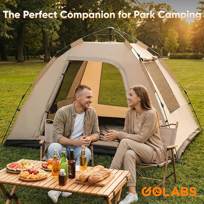 Golabs CT3 2 Person Instant Camping Tent 1-Minute Setup by Pre-Attached Pole 4 Side Mesh &amp Door Ventilation Lightweight 4.8lbs Portable Design with Carry Bag Inner Storage Pockets &amp Hooks