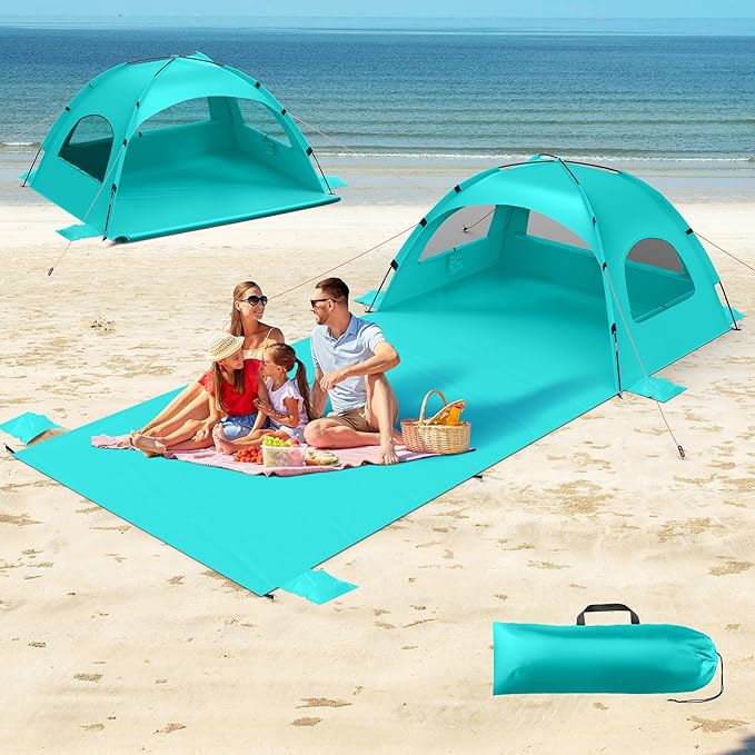 Beach Tent Sun Shelter with Extended Sand Mat 114×82inchUPF 50+ Protection 3 Double-Layer Windows for Enhanced Privacy Portable Beach Shade 3-4 People. Windproof and Waterproof