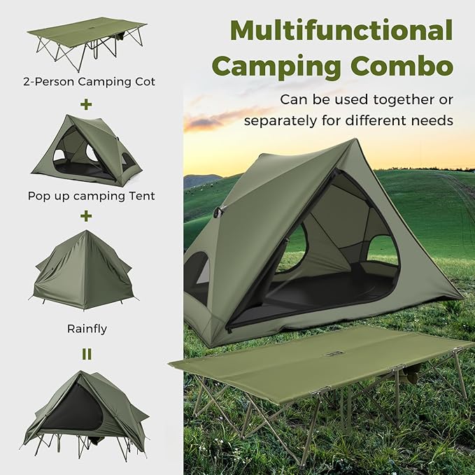 GYMAX 2-Person Camping Cot Tent Foldable Off-Ground Cot Bed Combo with Portable Wheeled Bag Waterproof Rainfly 2 Mesh Doors &amp Skylight Roof for Adults Hiking Backpacking Outdoor
