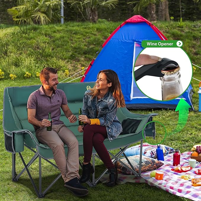 Nice C Double Padded Camping Chair Oversized Loveseat Camping Chair Outdoor Camping Couch for Adults Lawn Chairs Extra Padded with Cup Holder Cooler Bag Bottle Opener (Green)
