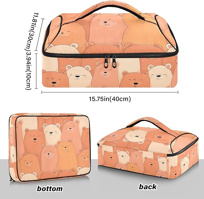 Casserole Carrier Pattern Cute Cartoon BearsInsulated Casserole Carrier for Hot or Cold Food Thermal Lunch Tote for Potluck Parties Picnic Beach Fits 9 x 13 Inches Baking Dish