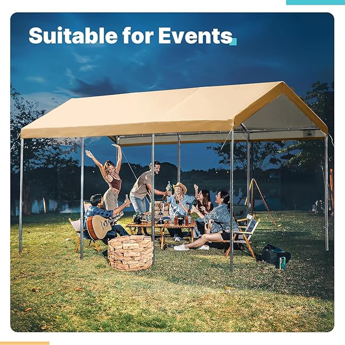 Carport Replacement Canopy Cover for Car Tent Top Garage Shelter Cover Tarp with Ball Bungees (Only Top Cover Frame Not Include) (Beige 10’ x 20‘)
