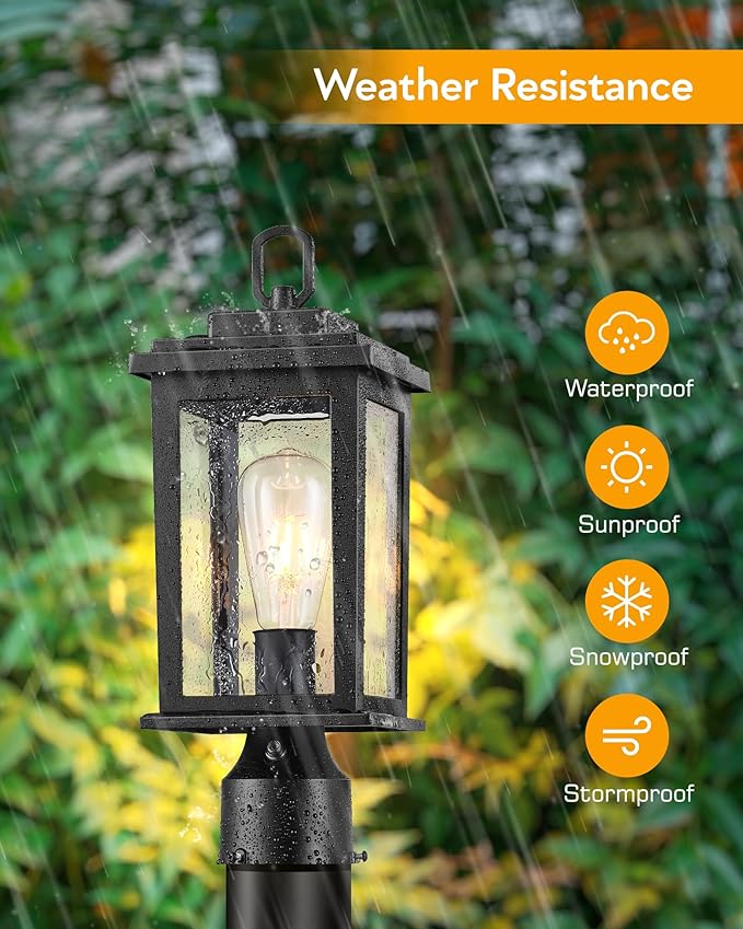 VIANIS Post Lights Outdoor 2 Pack Outdoor Post Lights Dusk to Dawn Black Pole Lights Outdoor with Tempered Glass Post Lantern for Garden Driveway Entryway Anti-Rust (Hardwired Non-Solar)