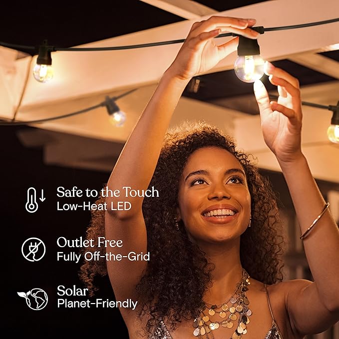 Brightech Ambience Pro 27 Ft Solar Powered Outdoor String Lights - Commercial Grade Waterproof Patio Lights Withn Edison Globes Shatterproof LED String Lights for Patio - 1W Warm White 12 Bulbs