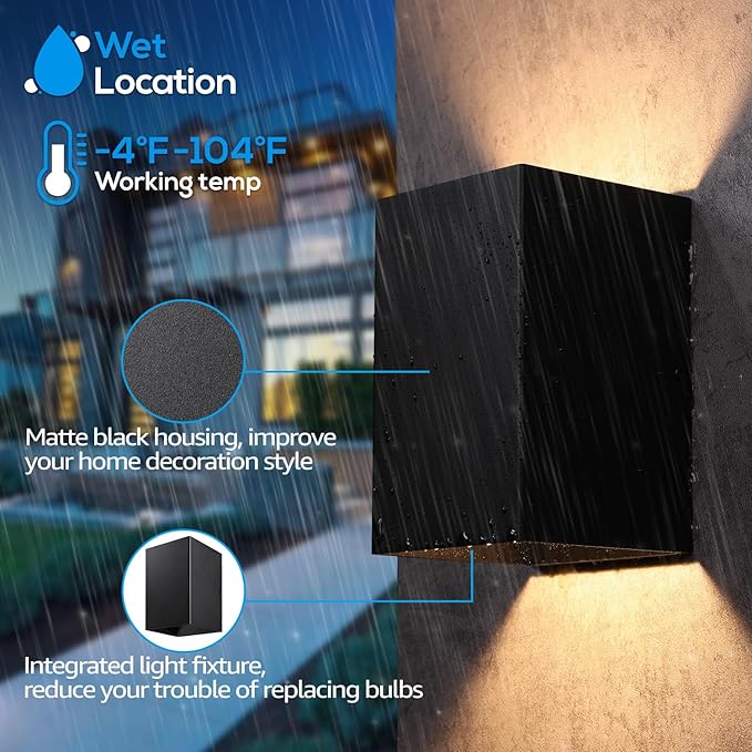 LEONLITE LED Square Up Down Wall Lights Outdoor CRI90+ 120V ETL Listed Modern Porch Light Wet Location 8.07 Inch Indoor Matte Black Wall Sconce 10W 844LM 3000K Warm White Pack of 2