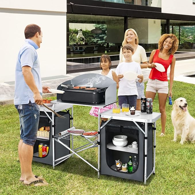 Goplus Folding Camping Kitchen Table with Storage Aluminum Portable Outdoor Cooking Table with Windscreen Foldable Camp Table Cook Station for BBQ Grill Party Picnics