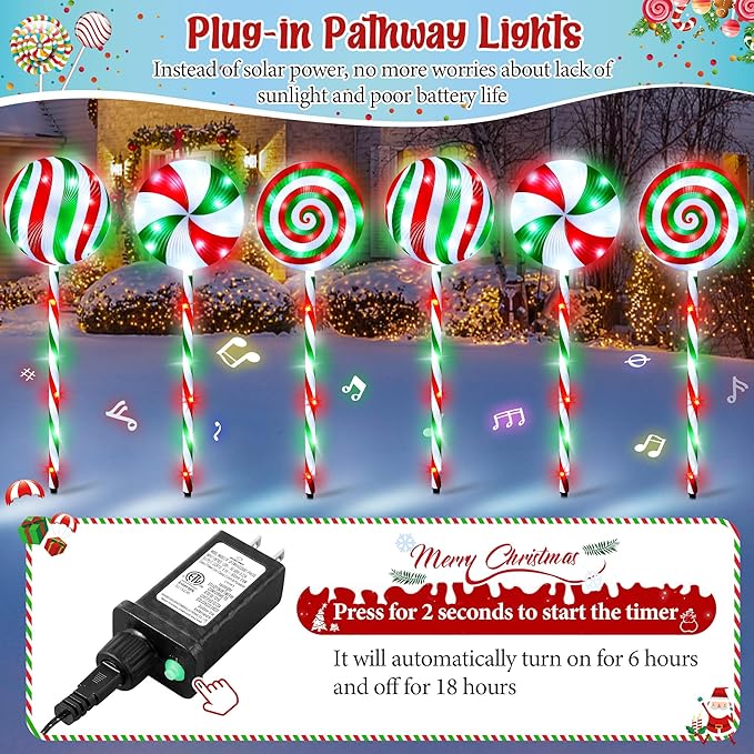 6 in 1 Lollipop Christmas Pathway Lights Outdoor 29 Inch Peppermint Pathway Markers Lights Lighted Candy Cane with 5 Modes and Music for Xmas Holiday Patio Yard Garden(RedWhiteGreen)