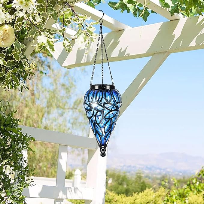 Solar Hanging Lantern Outdoor Lights Tear-Shaped 15 LEDs Cool White Hanging Lights with S Hooks Decor in Garden Yard Pathway Front Door and Landscape