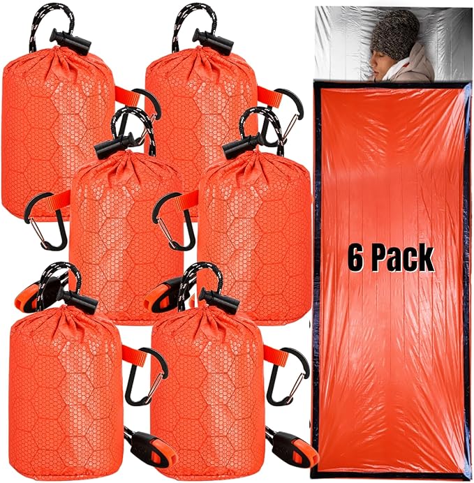 6 Pack Emergency Survival Sleeping Bags Thermal Bivy Sack Blanket Lightweight Portable Nylon Sack with Whistle Aluminized PE Survival Gear Supplies for Camping Hiking Outdoor Adventure