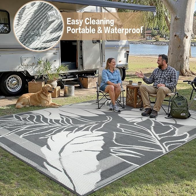 HUGEAR 5'x8' Outdoor Rug Waterproof Plastic Straw Rugs Grey Reversible Olive Leaf Mat Floor Carpet for Camping RV Deck Entryance Porch Picnic Balcony Beach Backyard