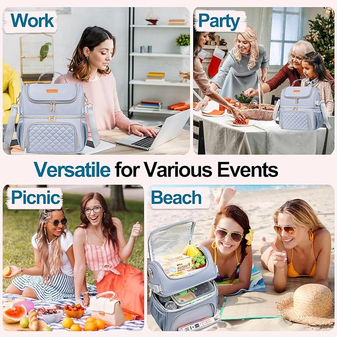 Lunch Bags for Women Dual Compartment Lunch Box Lunch Bag for Work Leakproof Lunch Cooler Large Insulated Lunchbox for Adult for Women Men Lunchbag for Picnic Beach (Gray)