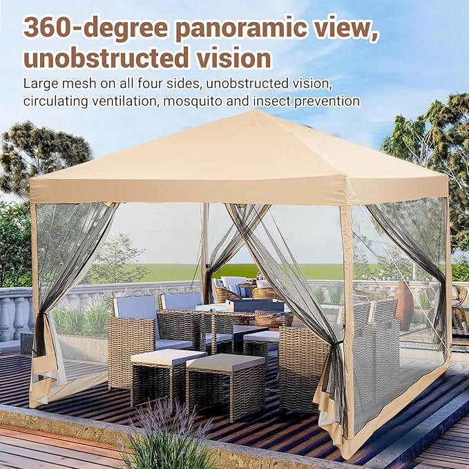 10x10ft Easy Pop-Up Canopy Outdoor Screen Tent with Mesh Mosquito Netting Side Walls Pop Up Tent Waterproof Outdoor Screen Shed for Camping Picnic Party Deck Yard Events