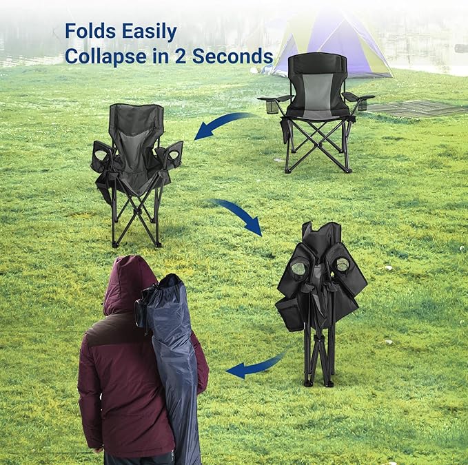 AsterOutdoor Camping Folding Chair Padded Quad Arm Chair with Large Cup Holders Side Organizer &amp Back Pocket for Outdoor Camp Indoor Patio Fishing Supports 350lbs