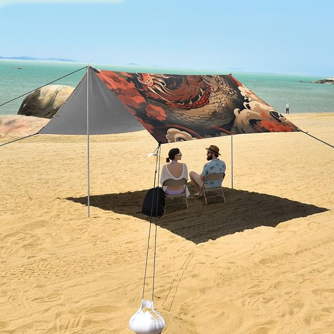Vintage Fantasy Dragon Beach Tent Sun Shelter 9.2' x 10.5' Beach Canopy with 4 Sandbags 4 Stability Poles Sand Shovels - Tent Canopy for Beach Camping Fishing Picnics