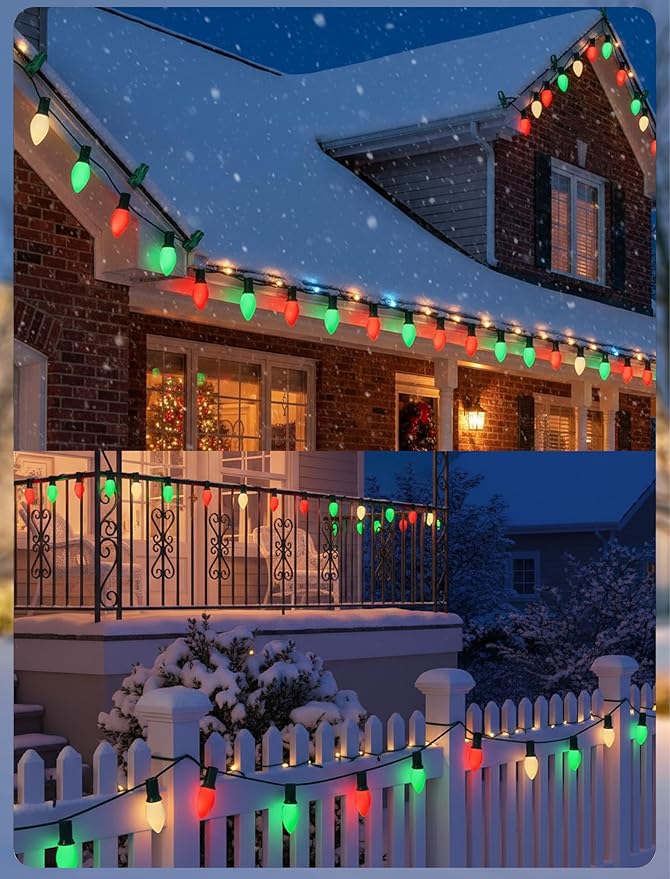 C7 LED Christmas Lights Outdoor - 25ft Red White and Green String Lights With 27 Ceramic Bulbs(2 Spare) Waterproof Commercial Grade Extendable for Indoor Outdoor Roofline Patio Yard Xmas Decor