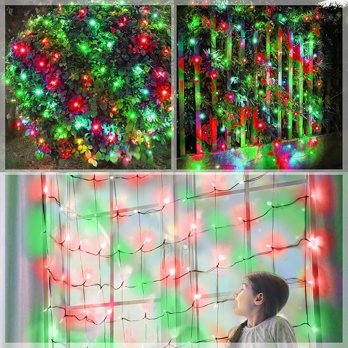120Led Christmas Net Lights Outdoor 5ft x 6ft Connectable 8 Modes Waterproof 29V Plug in Black Wire Mesh Net Christmas Lights for Bushes Shrubs Yard Trunk Xmas Tree Christmas Decorations (Red&ampGr