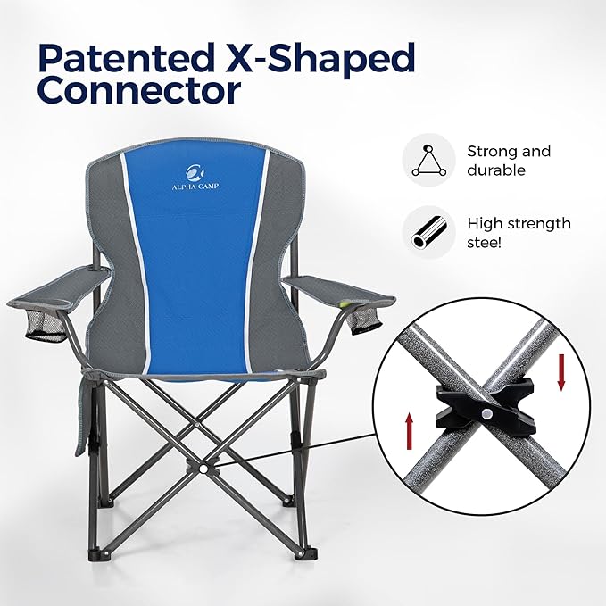ALPHA CAMP Oversized Camping Folding Chair - Heavy Duty Steel Frame Support 350 LBS Collapsible Padded Arm With Cup Holder Quad Lumbar Back Portable for Outdoor/Indoor