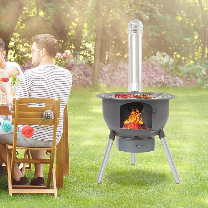 Multifunction Wood Burning Stove With Grill Rack Camping Wood Stove Large Charcoal Grill With Grill Rack For Outdoor/Backyard Cooking Picnic And Barbecue. (Black-19in)
