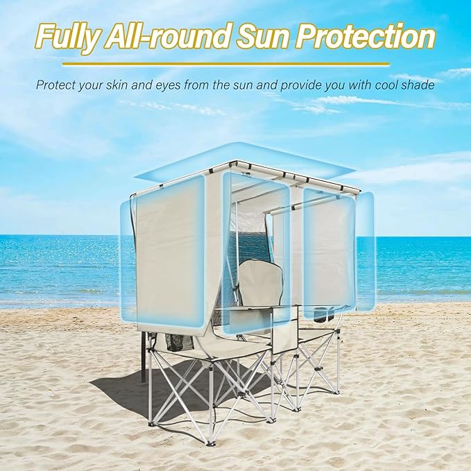 BDL Double Camping Chair with Canopy Two Person Folding Loveseat with Shade Heavy Duty Beach Chair with Cooler Bag Cup Holder for Outside Fishing Sports Beach-White