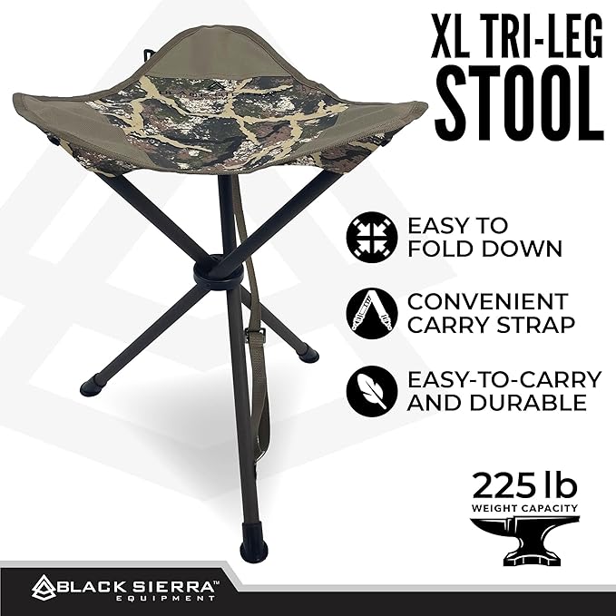 Black Sierra Folding Hunting Stool w/Shoulder Strap Supports 225 lbs Lightweight Collapsible Tripod Seat Foldable Steel Frame Chair Perfect for the Hunting Blind Fishing Hiking Travel