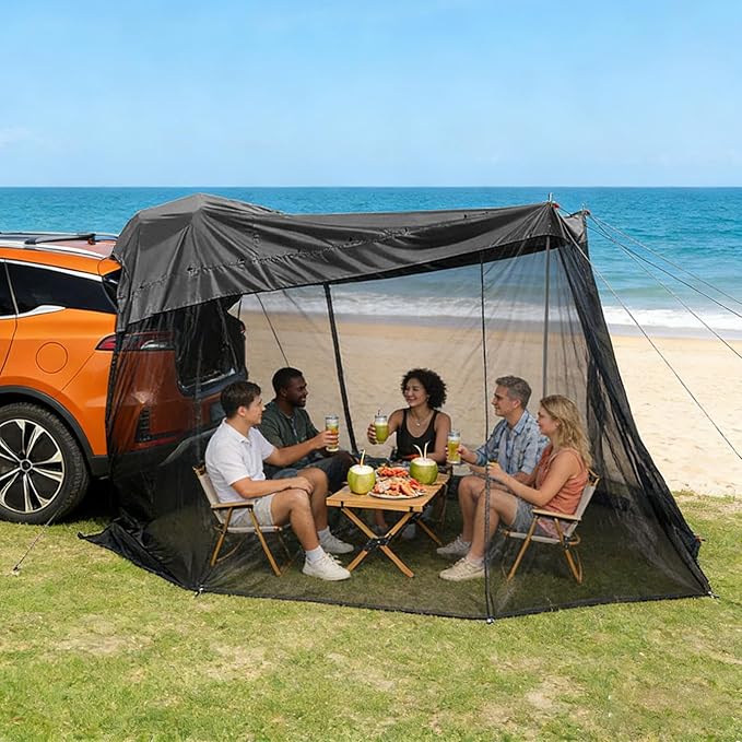 SUV Tent - Mesh/PU Waterproof Sun Protection Canopy126x78x76.7 Inch Windproof Portable SUV Tailgate Tent Vehicle Rear Hiking Traveling