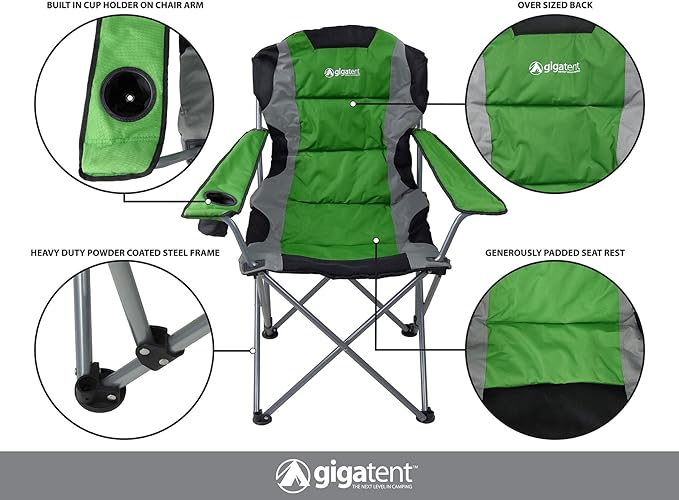 GigaTent Green Folding Camping Chair – Ultra Lightweight Collapsible Quad Padded Lawn Seat with Full Back Arm Rests Cup Holder and Shoulder Strap Carrying Bag – Powder Coated Steel Frame