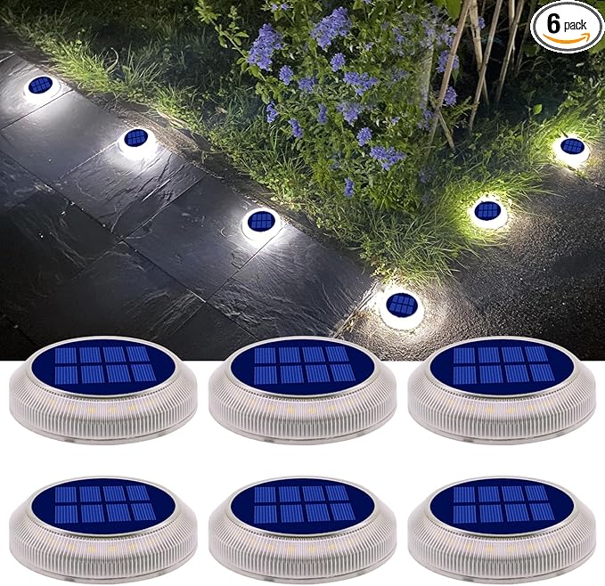 Solar Deck Lights Outdoor Waterproof 6 Pack White Round Deck Lights Solar Powered Flat Stick on Ground Disc Light for Outdoor Pathway Driveway Step Yard Dock Walkway Patio
