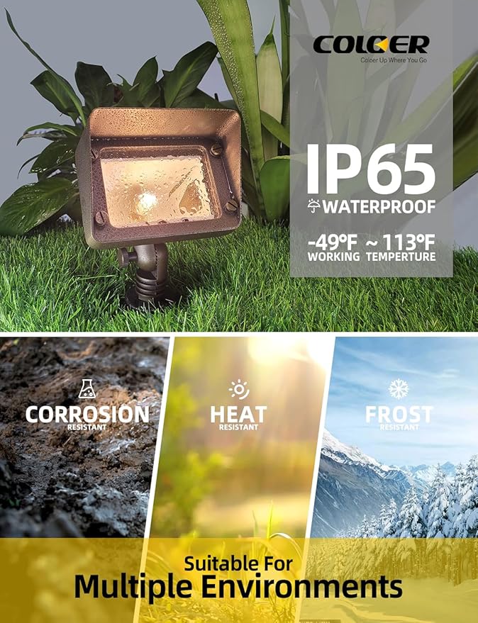 COLOER Brass Flood Lights with 4W 2700K LED G4 Bulb 12V Low Voltage Landscape Floodlights for Outside Outdoor Wall Lights Illuminating Signs Walls and Tree