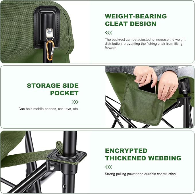 Folding Fishing Chair with Complete Accessories Portable Camping Chair for Outdoor Fishing 220LBS Load-Bearing Non-Slip All-Terrain Design with Storage Bags Carbon Steel Fishing Chair
