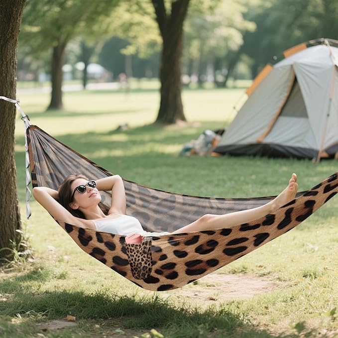 Leopard Print Camping Hammock 330 lbs with 2 Tree Straps Carry Bag Single Portable Hammock for Outdoor/Indoor Hiking Beach Backpacking Travel