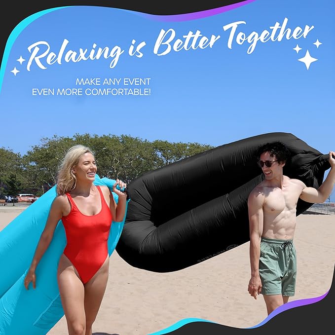 Nevlers Black &amp Blue Inflatable Lounger 2 Pack | 210T Polyester Inflatable Couch Set |No-Pump Blow Up Couch | Outdoor Furniture w/ 450lbs. Capacity Pockets &amp Carry Bags For Use as Festival Es