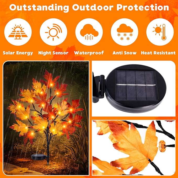 Fall Solar Pathway Lights 4PCS Autumn Outdoor Harvest Decorations Waterproof Maple Leaves Lights for Lawn Yard Garden Patio Walkway Driveway Landscape Lighting Auto On/Off