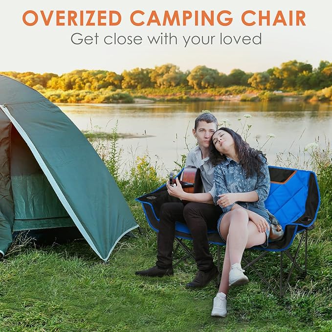 EMERIT Double Camping Chair Oversized Padded for Adults Heavy Duty Folding Loveseat for Outdoor Camping Beach Lawn Concert 650LB