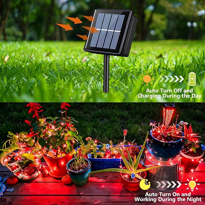 YEGUO 4 Pack Red Solar Fairy Lights Each 33ft 100 LED Valentines Lights Outdoor Waterproof 8 Modes Sliver Wire Solar Christmas String Lights