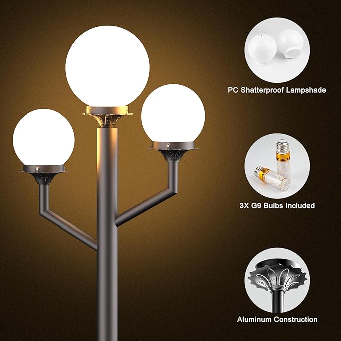 Lightdot 79 Modern Stable Outdoor Post Lights with Triple Head (3000K LED Bulb Included) IP65 Waterproof Pole Lamp for Outside Heavy-Duty Aluminum Lamp Posts Lighting for Driveway/Garden/Yard-Brown