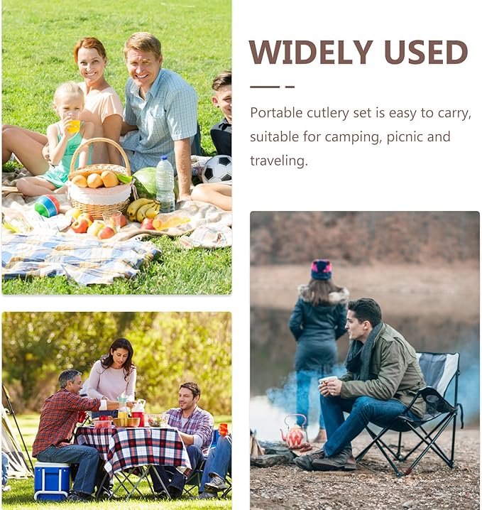 Outdoor Cutlery Set Stainless Steel Spoon Chopsticks Fork Plate Portable 4-person Camping Tableware Barbecue Picnic Flatware with Carry Bag Random Color