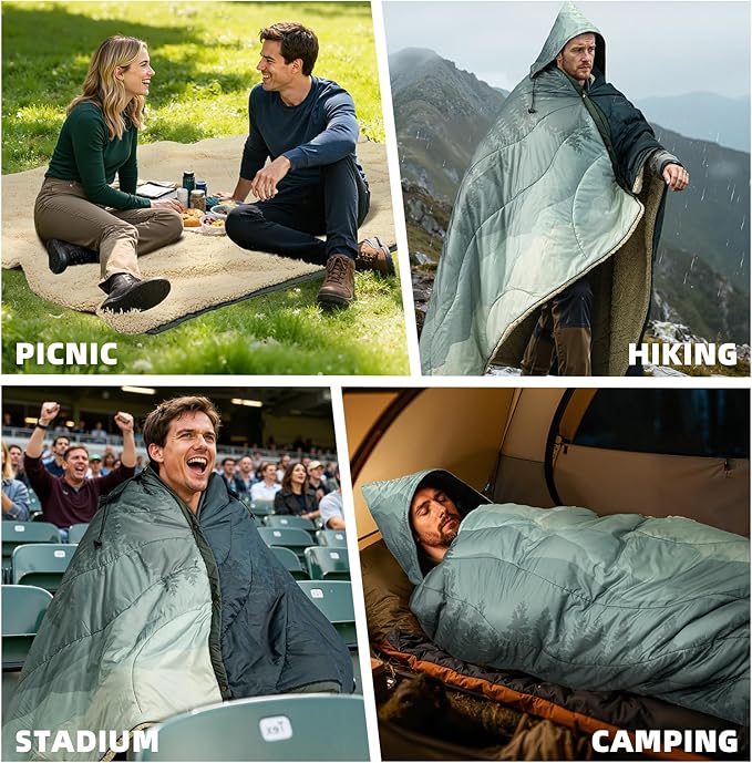 Outdoor Camping Blanket with Sherpa Lining Extra Warm Thick Camp Blankets and Puffy Ultralight Soft Poncho DWR Camping Quilt for Cold Weather Adventure Sleeping Backpacking 78x 56