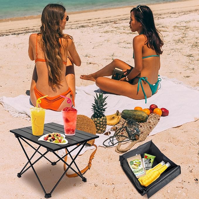 Foldable Camping Side Table Ultralight Small Beach Aluminum Portable Outdoor Table with Carry Bag and Storage for Picnic Grill Hiking Fishing Sand Camping Black