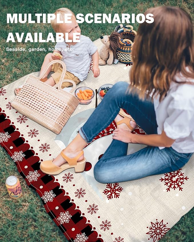 Beach Blanket Waterproof Sandproof Christmas Snowman Winter Snowflake Cardinal Quick Drying Beach Mat with 4 Stakes Red Black Checker Vintage Linen Lightweight Picnic Blanket for Travel 83x79