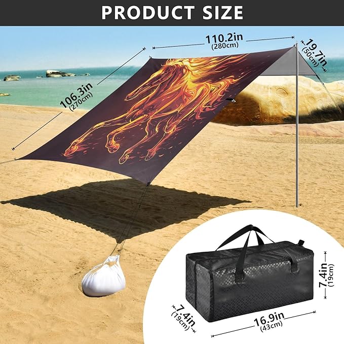 ALAZA Red Running Horse Flame Beach Tent Sun Shelter UPF50+ Protection Beach Shade Canopy w/ 4 Sandbags for Outdoor Camping Fishing Backyard Fun Picnic 10x9 ft