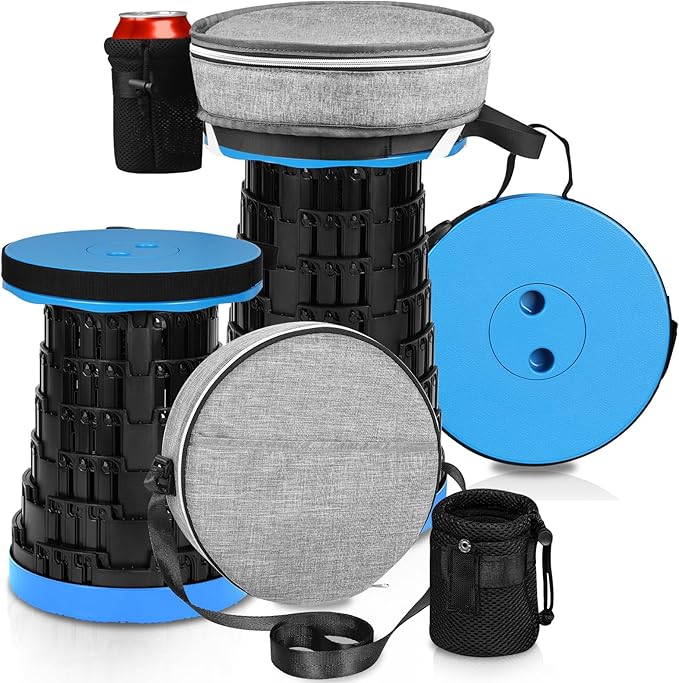 Collapsible Stool - Upgraded with 3 Slides Load Capacity 600lbs Folding Camping Stool with 3-in-1 Carry Bag Lightweight Sturdy Retractable Suitable for Camping Fishing Hiking BBQ (Blue)