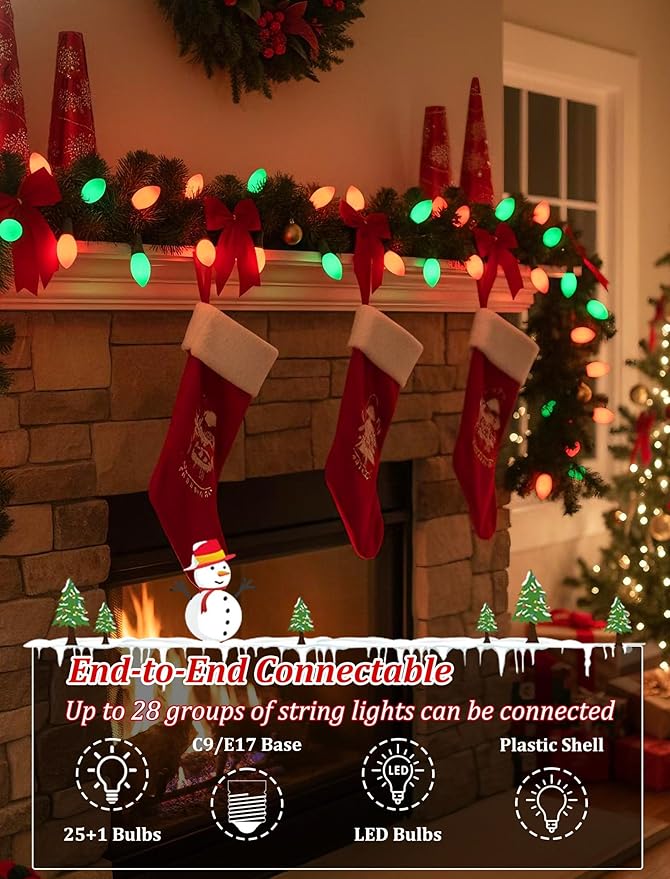 C9 LED Christmas String Lights 25FT Vintage Multicolor Lights with 27 C9 Red/Green Ceramic LED Bulbs Outdoor String Lights for Christmas Tree Party Backyard - Green Wire