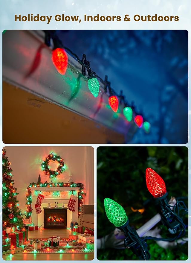 C9 LED Christmas Lights Outdoor 68 Feet 100 LED Strawberry String Lights With 100 Spring Clamps Waterproof Commercial Grade Extendable for Outside Roofline Patio Home Xmas Decoration Red &amp Gree