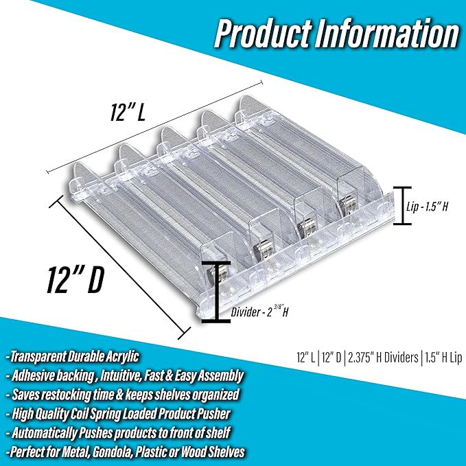 STORE FIXTURES DIRECT Auto Feed Shelf Product Pusher Kit Adjustable Width Merchandise Pushing System (1 12 Kit) - [4 Shelf Pushers + 5 Dividers]