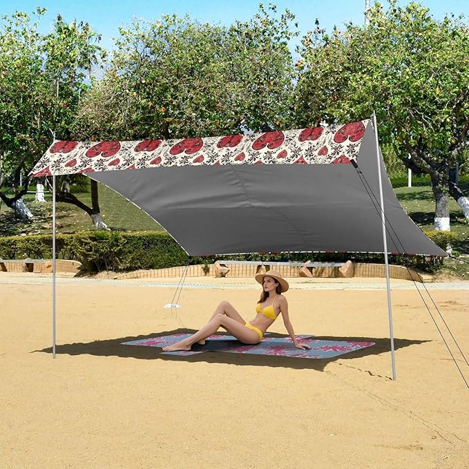 ALAZA Red Heart Gothic Beach Tent Sun Shelter UPF50+ Protection Beach Shade Canopy w/ 4 Sandbags for Outdoor Camping Fishing Backyard Fun Picnic 10x9 ft