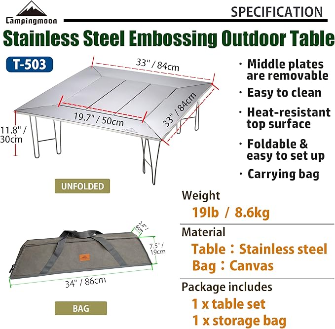 CAMPINGMOON Camping Grill Table with Canvas Carrying Bag (Removable Center Plates Type (T-503)) Medium Silver