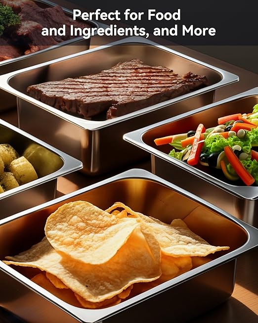 4 Pack Hotel Pans with Lids 1/1 Size 4 Deep Steam Table Pans Full Size Stainless Steel Food Pan 22 Gauge Anti Jam 20.8 L x 12.8 W Commercial Food Storage Containers